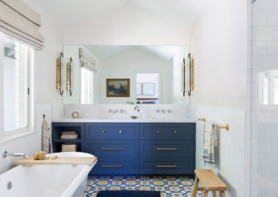 white blue and gold modern bathroom