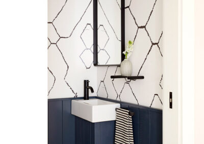 tiny bathroom with bold modern design and flat panel wainscoting