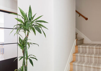 staircase with hardwood floors and rug runner